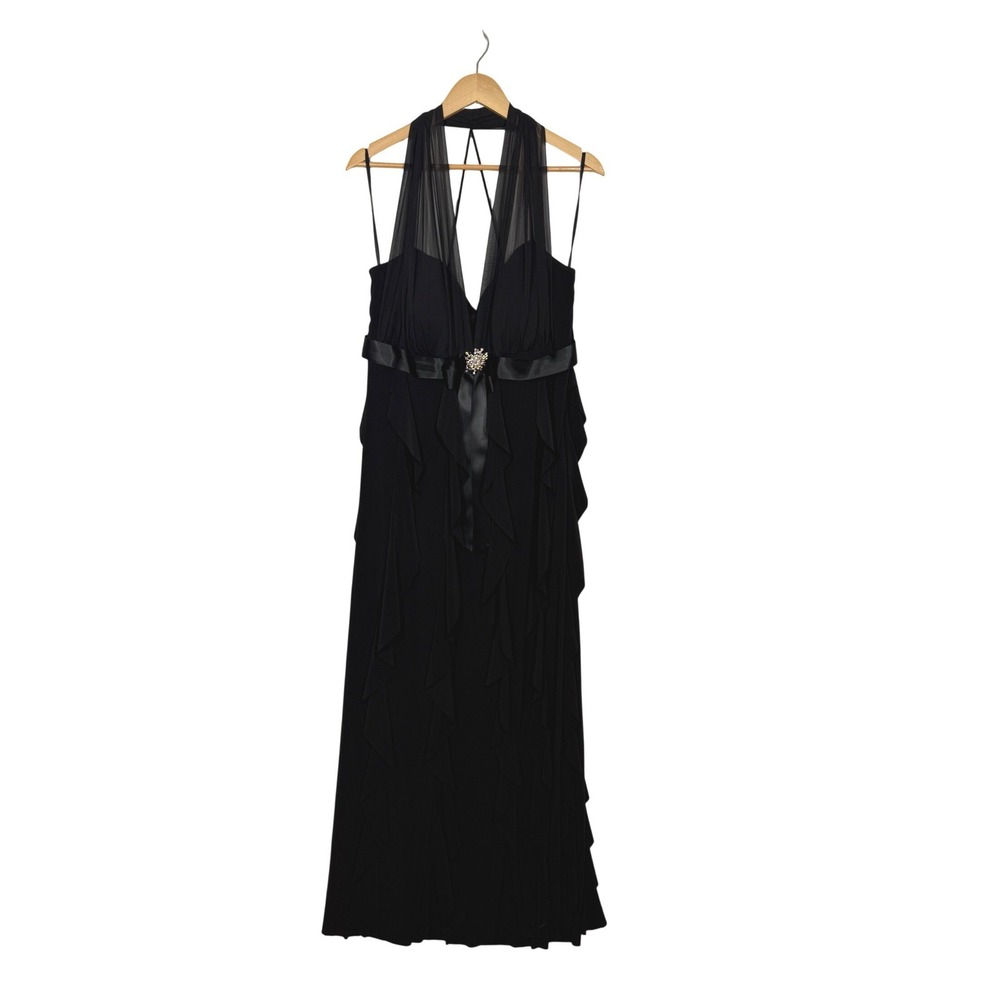 Betsy & Adam Gown Women 18W Black Excellent Ruffle Halter Formal Evening Dress